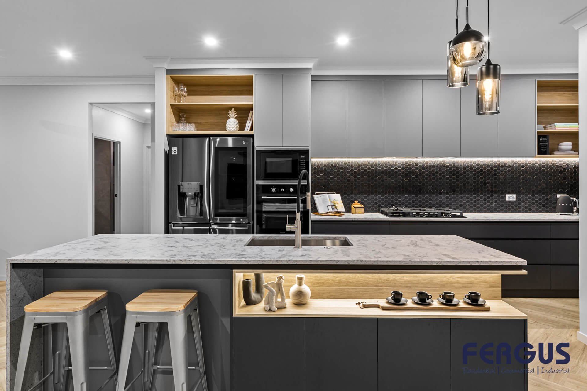 Palmview 255 Residential Kitchen & Dining Area design showcasing a seamlessly integrated built-in cabinet & island table by Fergus Builders Residential, Industrial & Commercial real estate development Mackay