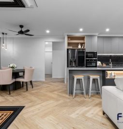 Palmview 255 Residential Kitchen & Dining Area design showcasing a seamlessly integrated built-in cabinet & island table by Fergus Builders Residential, Industrial & Commercial real estate development Mackay