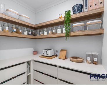 Residential Prep Kitchen design showcasing a seamlessly integrated built-in cabinet & Grocery shelve by Fergus Builders Residential, Industrial & Commercial real estate development Mackay